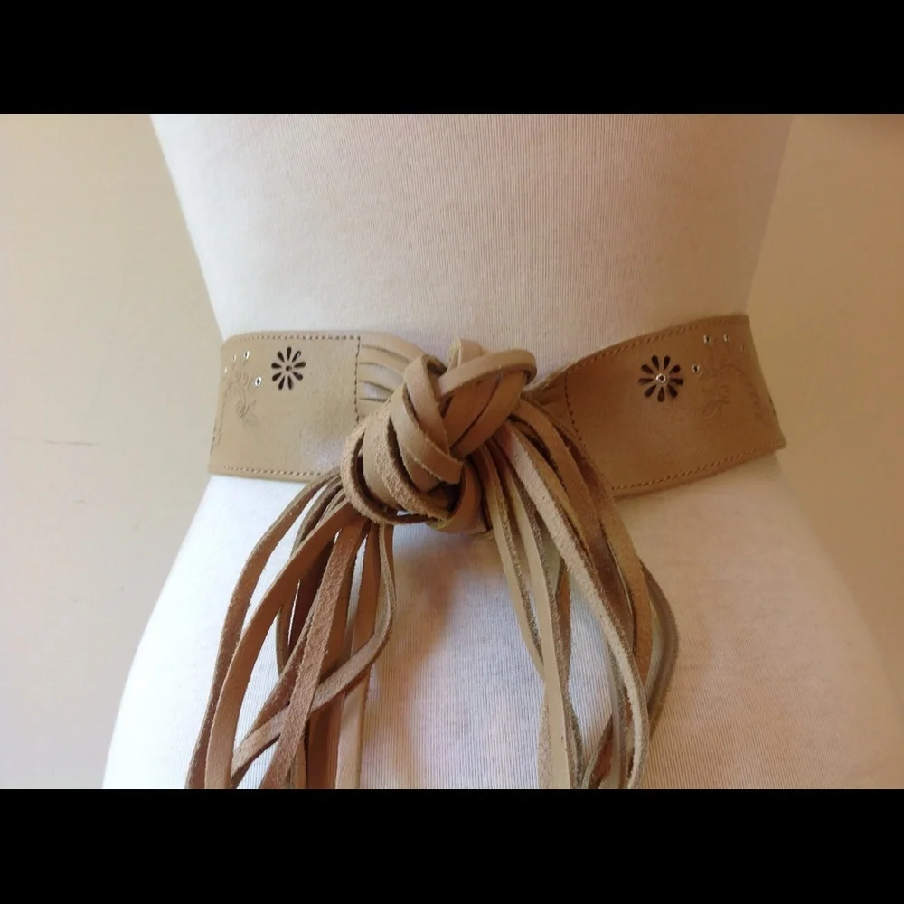 Vintage Brown Leather Fringe Belt Caramel Stud